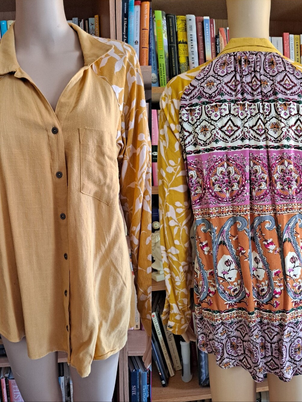 UMGEE Yellow Button-Front Multicolored Pattern Back Floral Sleeve Blouse
